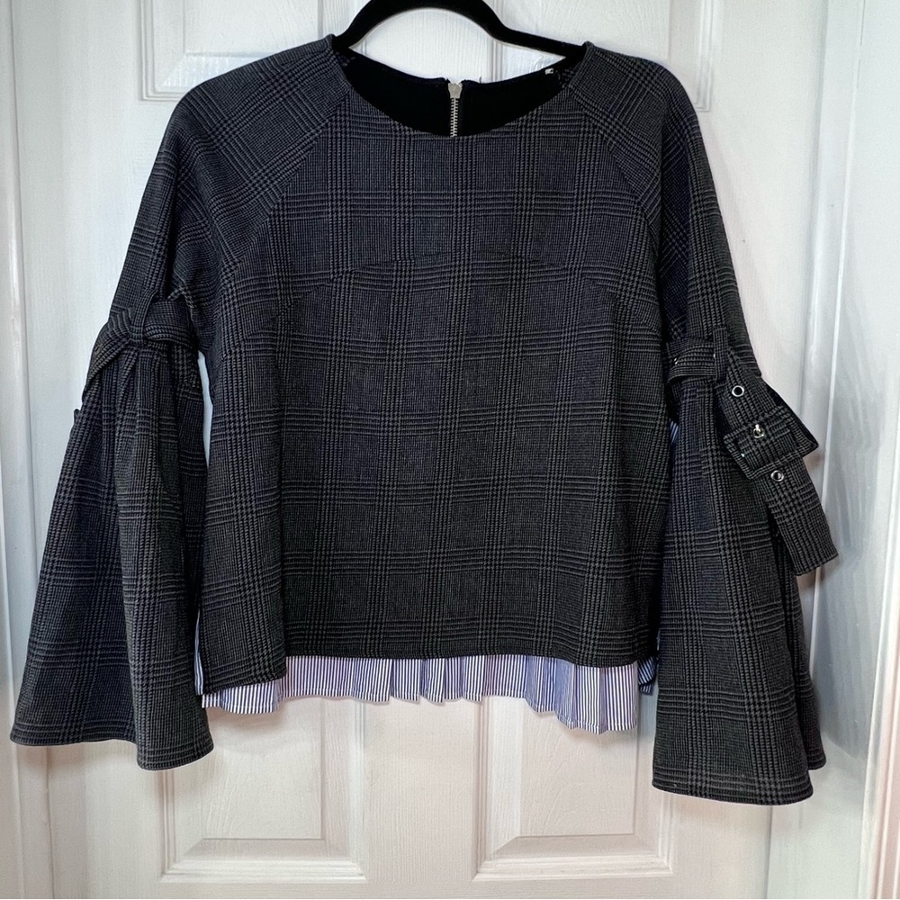 SEA NEW YORK Blouse Top Mixed Media Wool Plaid Cotton Stripe Bell Sleeve Sz M